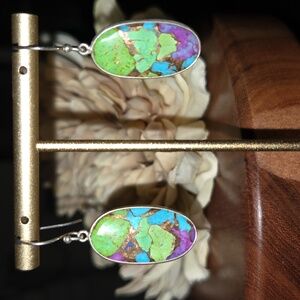 Solid Sterling Silver Kingman Copper Turquoise Dangle Earrings NEW Purple Green